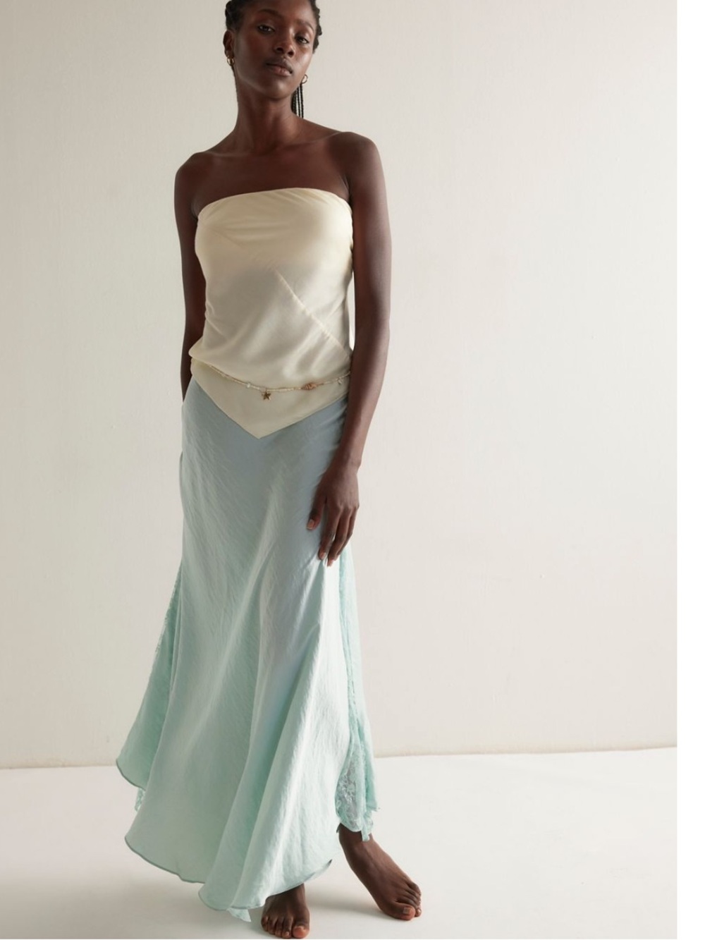 NWT Free People Make You Mine Lace Inset Satin Maxi
Slip Skirt in aqua esque - L